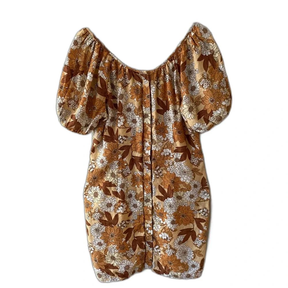 J. Crew Women's Sheath Floral Dress 4 Brown Orange Puff Sleeves Boho Cottagecore